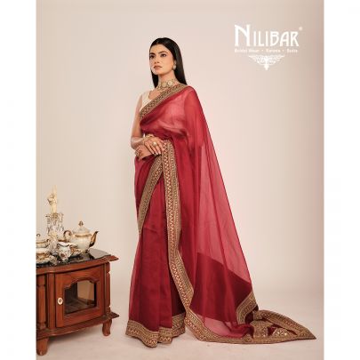 Red Organza Embroidered Saree