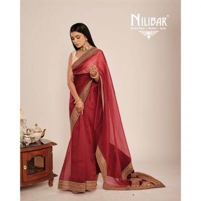 Red Organza Embroidered Saree