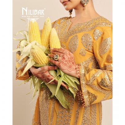 Yellow Gota Pati Georgette Shirt Paired With Silk Bottom