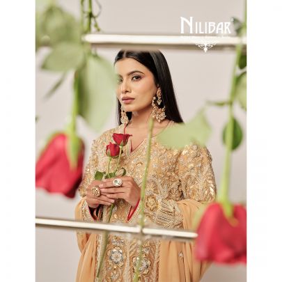 Gold Organza Stone & Sequins Embroidered Shirt Paired with Crepe Bottom