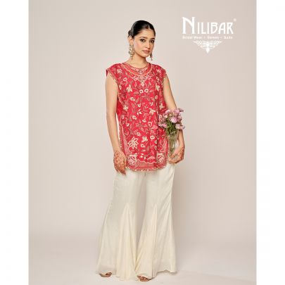 Red Silk Thread & Pearl Embroidered Shirt Paired With Ivory Chinnon Sharara Suit