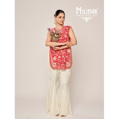 Red Silk Thread & Pearl Embroidered Shirt Paired With Ivory Chinnon Sharara Suit