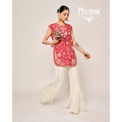 Red Silk Thread & Pearl Embroidered Shirt Paired With Ivory Chinnon Sharara Suit