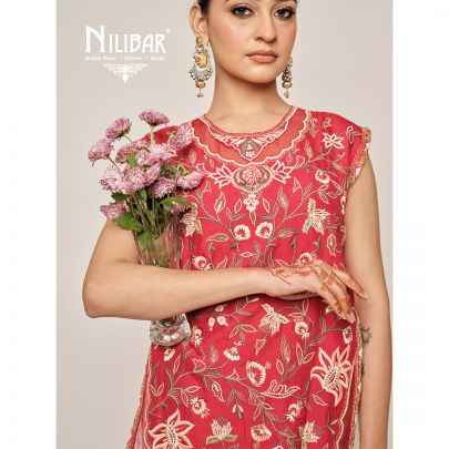 Red Silk Thread & Pearl Embroidered Shirt Paired With Ivory Chinnon Sharara Suit