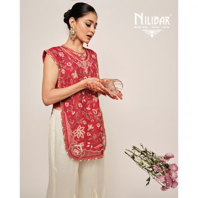 Red Silk Thread & Pearl Embroidered Shirt Paired With Ivory Chinnon Sharara Suit