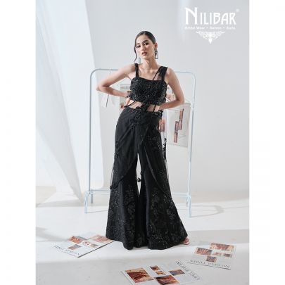 Black Silk Net Crop Choli Paired With Sharara