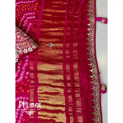 Magenta Pink Satin Bandhani Work Unstitched Suit