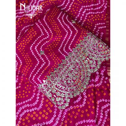 Magenta Pink Satin Bandhani Work Unstitched Suit