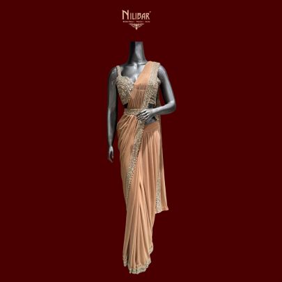 French Beige Lycra Embroidered Drape Saree