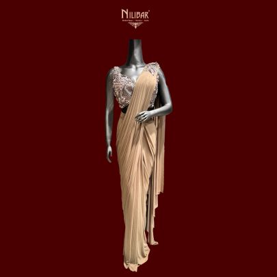 Beige Lycra Embroidered Drape Saree