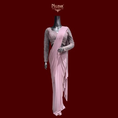 Pink Lycra Embroidered Drape Saree