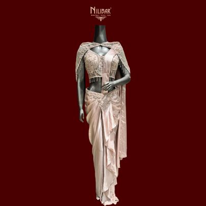 Light Pink Lycra Embroidered Drape Saree