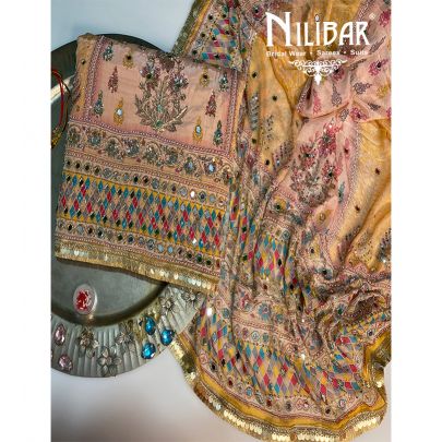 Light Peach and Yellow Crepe Unstitched Suit