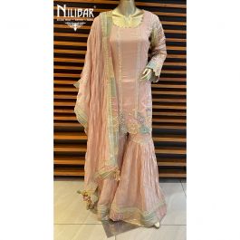 Chinon Silk Blazing Hot Pink Zarkan Embroidered Gharara Suit