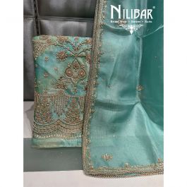 English Green Soft Organza & Cotton Designer Cutwork Straight Long Suits with Pearl work on
Neck main image 1