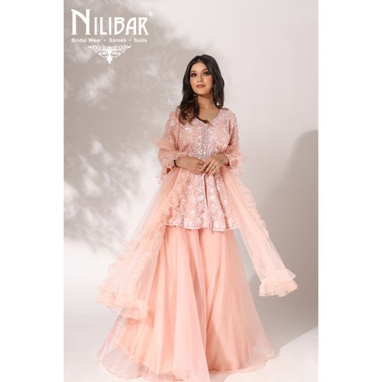 Peach Net Peplum Palazzo Suit
