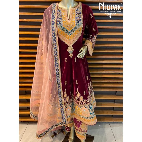 maroon velvet salwar suit