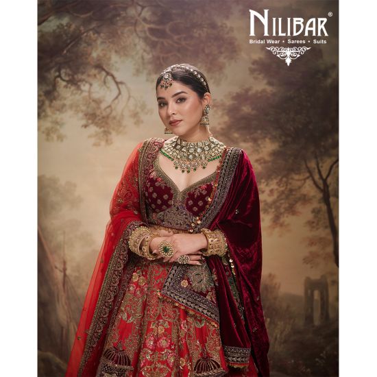 Red Mehroon Velvet And Net Bridal Lehenga