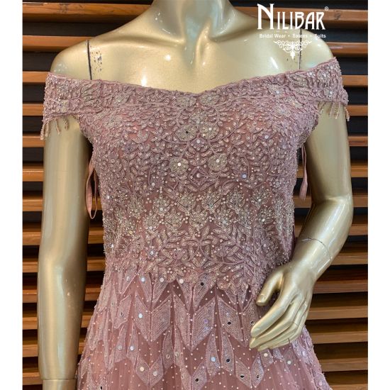 Peach off shoulder gown shop