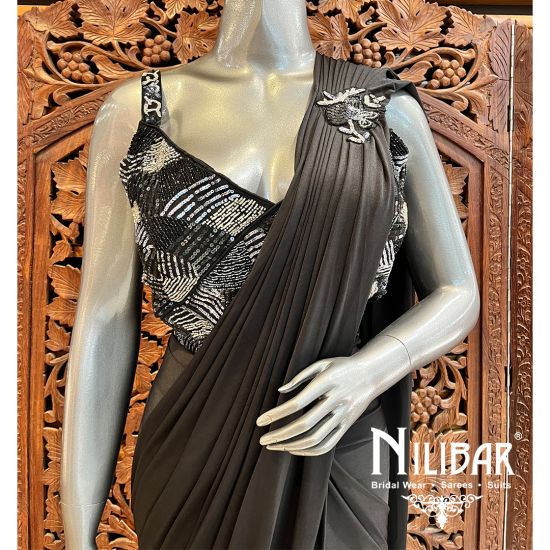 Black Lycra Net Pre Stitched Saree