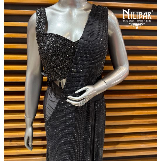 Black Satin Crop Top Paired With Pleated Draped Saree