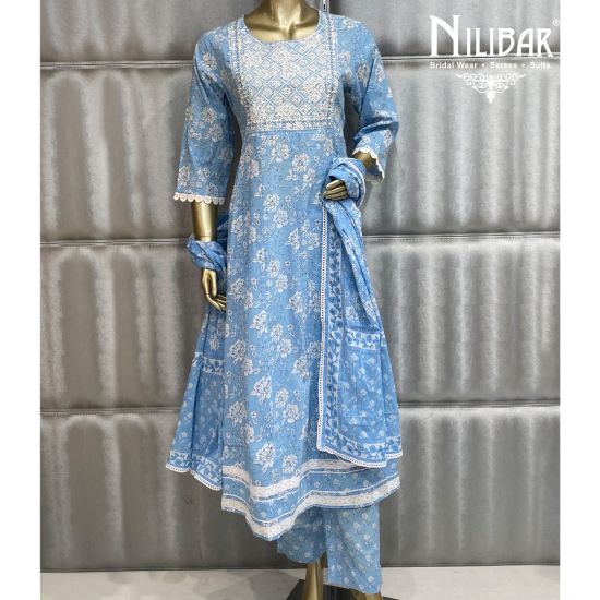 Birbanni Women Blue Anarkali Pant And Dupatta Set Cotton