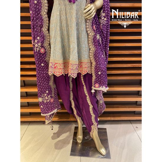 Green and Purple Georgette and Chinon Dhoti Suit with Cape